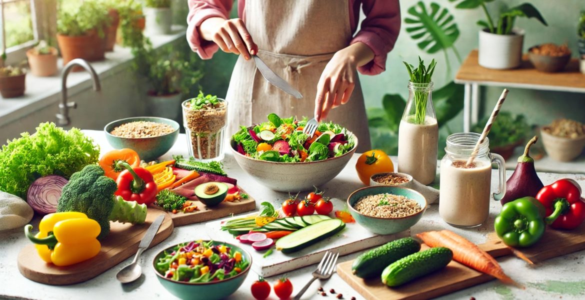 Persona che prepara piatti vegani colorati
