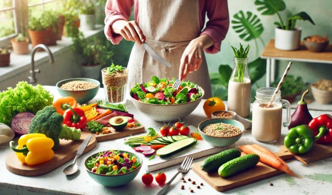 Persona che prepara piatti vegani colorati